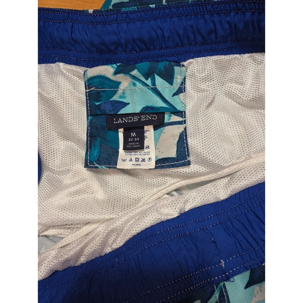 Lands End Mens Tropical Floral Swim Trunks Blue Teal Monstera Board Shorts Med